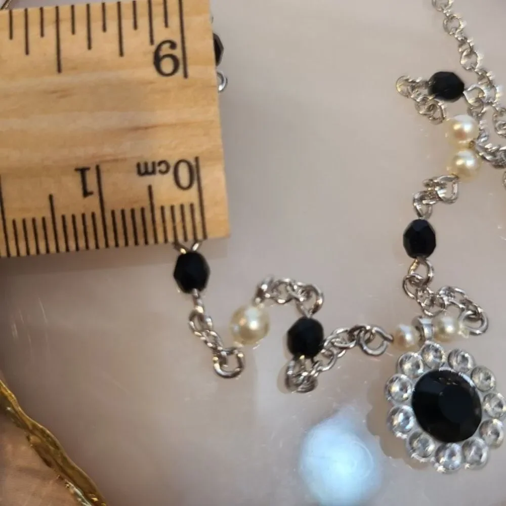 Vintage Marvella Black Faux Pearl Rhinestone Halo Pendant Necklace 18